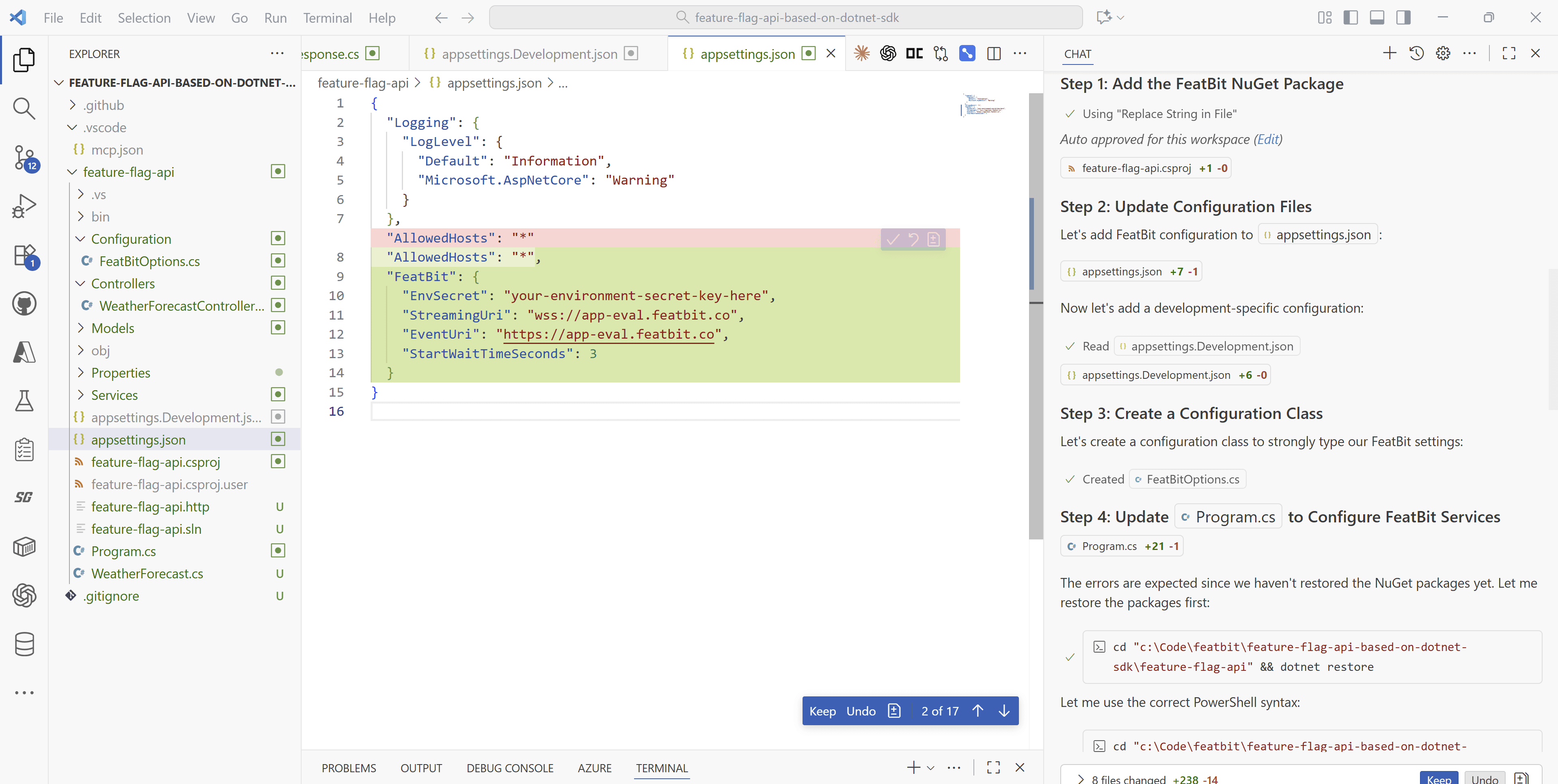 VS Code agent automatically integrating FeatBit SDK